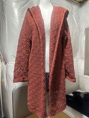 POL Crochet Hooded Open Cardigan in Dusty Rose